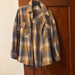 Plaid Button-Up Shacket in Blue and Tan